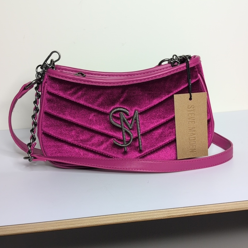 Steve Madden Bzoia Dark Fuschia Velvet Crossbody Festive Handbag Y2K Chic Glam - Picture 9 of 13